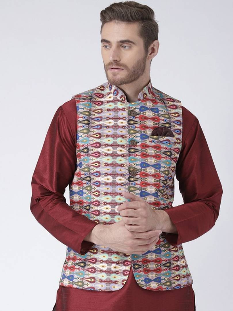 Men's Multicoloured 
Polyester
 Printed Nehru Jackets